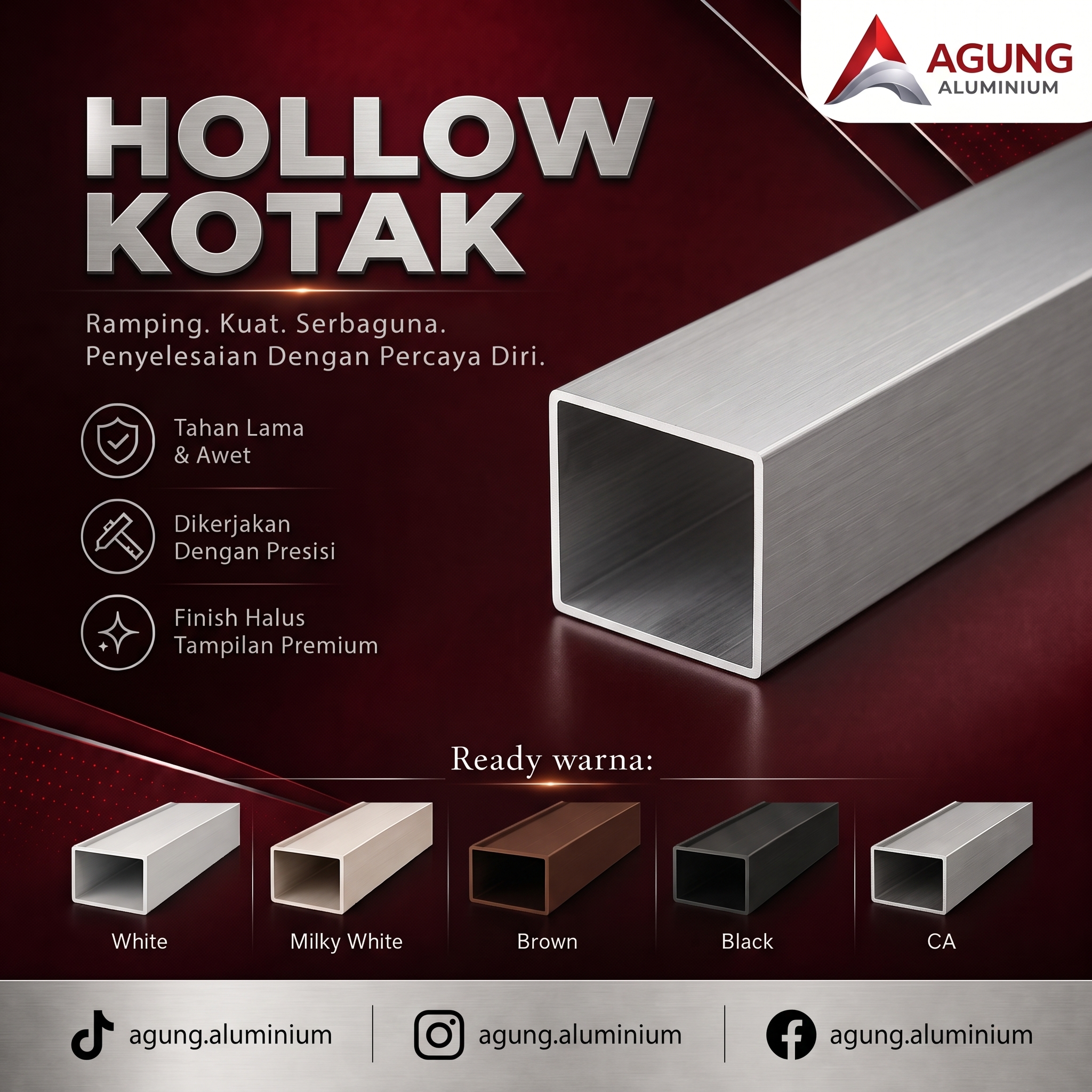 Katalog hollow kotak aluminium Agung Aluminium — tersedia White, Milky White, Brown, Black, dan CA